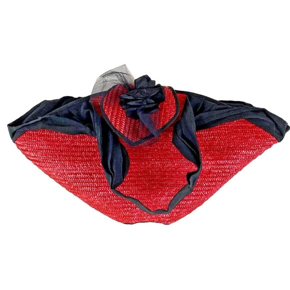Tropical Beach Resort Chic Red Black Straw Clamshell Shoulder Tote Large Bag VTG - Picture 1 of 13